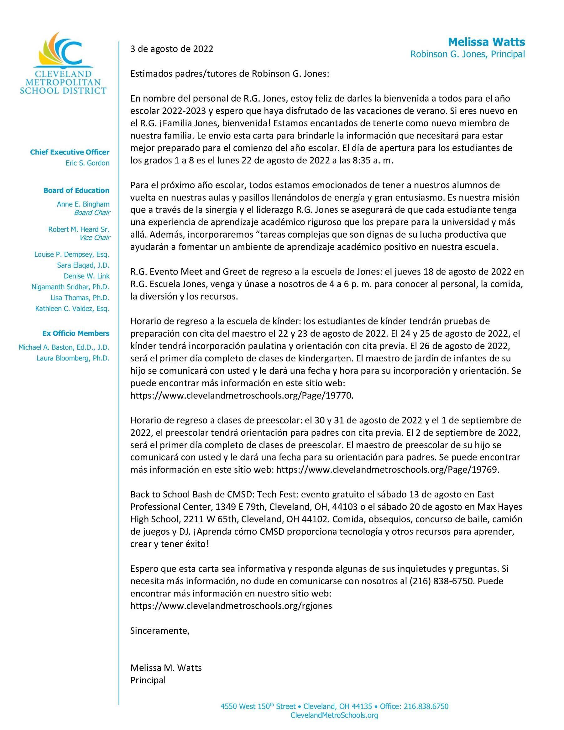 Carta de Bienvenida a la Familia 2022